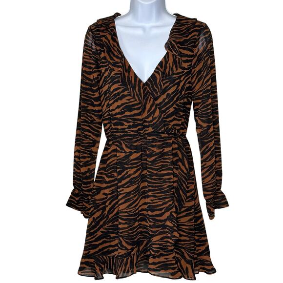H&M Divided Women’s Animal Print Ruffle Wrap Dress Polyester Brown Black Size 4 - Picture 2 of 15